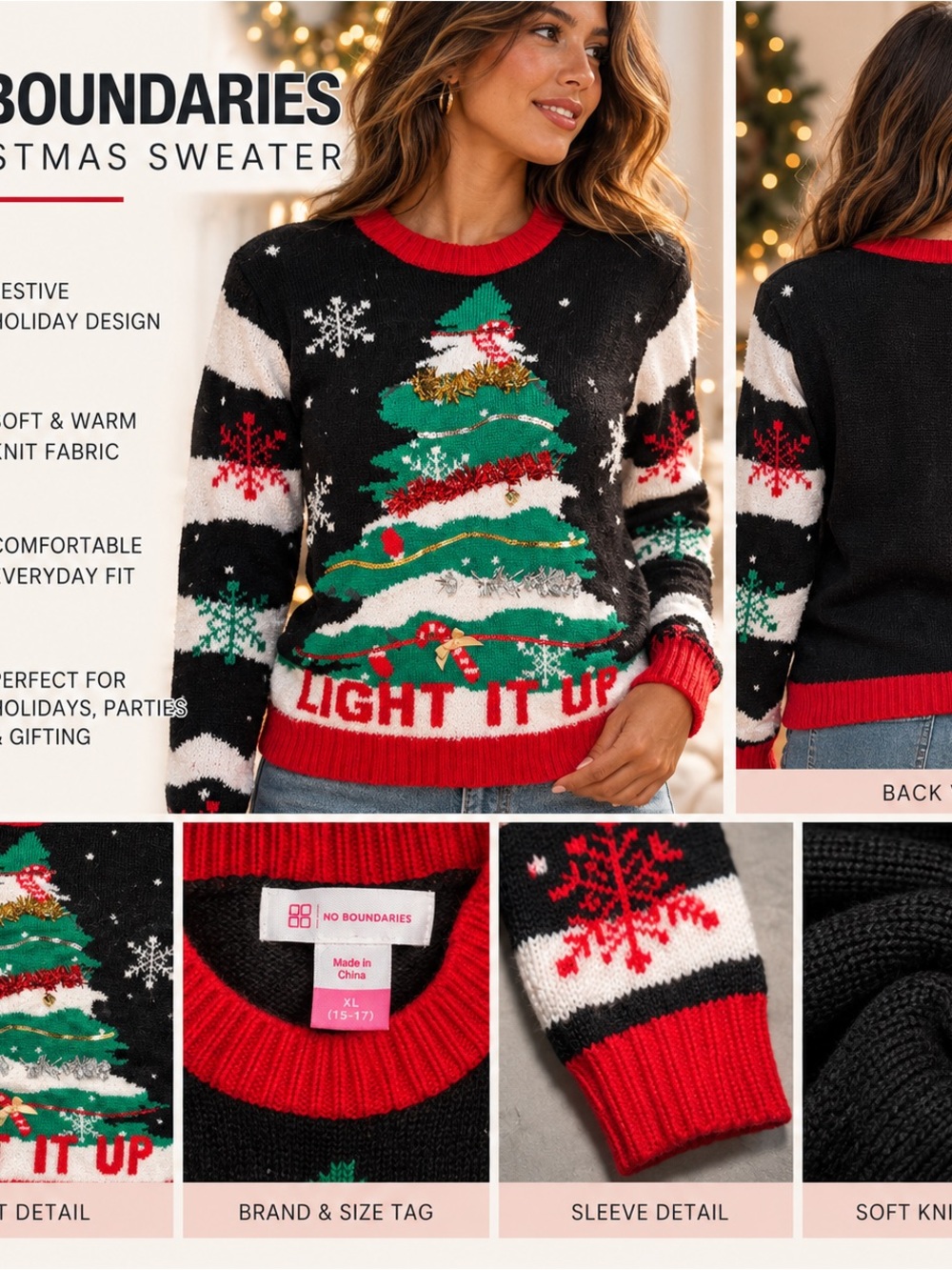 No Boundaries Black Christmas Tree Sweater with Red & Green Accents